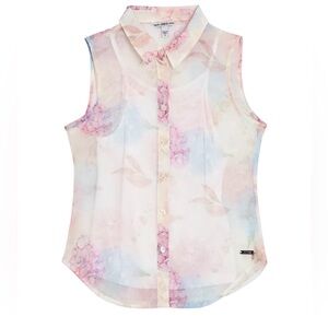 NWT GUESS Big Girls Chiffon All Over Print Sleeveless Button Up Blouse Pink 14